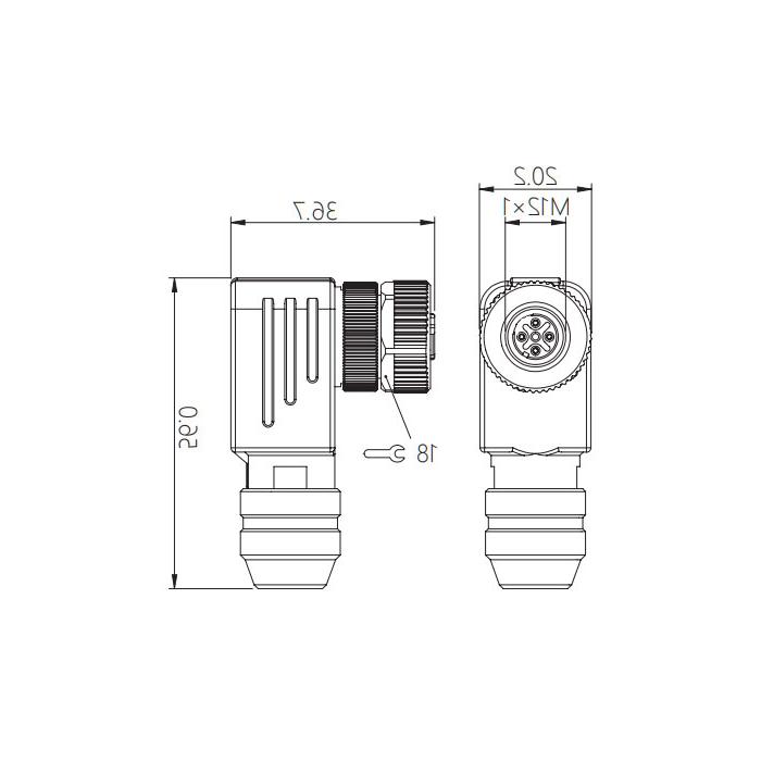 M12 5 Pin、Female 90°、Screw connection、Metal shielding、64F561