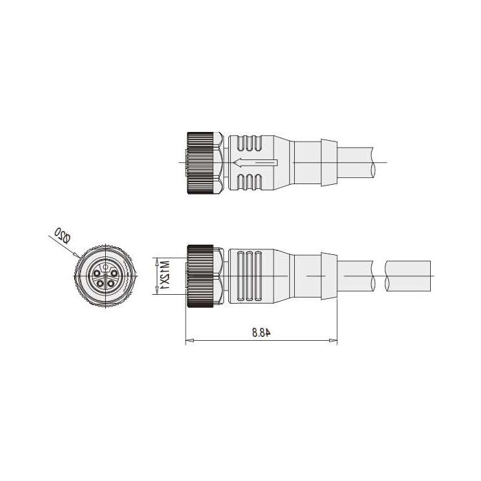 M12 5Pin、L-coded、母头直型、单端预铸PUR柔性电缆、黑色护套、64LS05-XXX