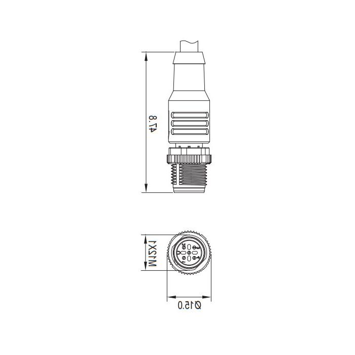 M12 5Pin、公头直型、单端预铸PVC非柔性电缆、带屏蔽、灰色护套、64S127-XXX