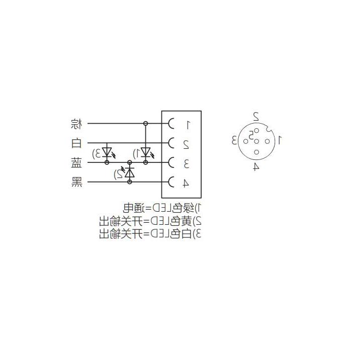 M12 4Pin、母头 90°、带LED灯、单端预铸PUR柔性电缆、黑色护套、64S241-XXX